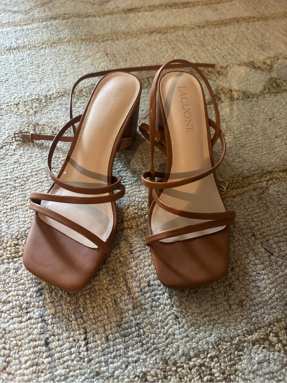 Tan Strappy Square-Toe Heeled Sandals